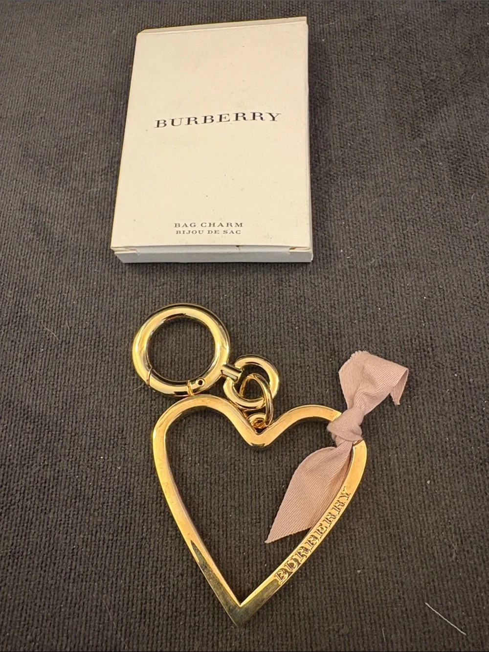 Burberry Gold Heart Keyring with Pink Ribbon Accent